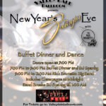 Flyer for a New Year's Eve dinner and dance event with buffet and live band.